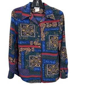 Vintage D. Pallaso womens blouse button front colorful geometric purple blue S-M